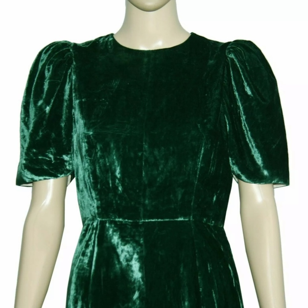 Pia Tjelta Velvet Green Midi Dress with Puff Sleeves